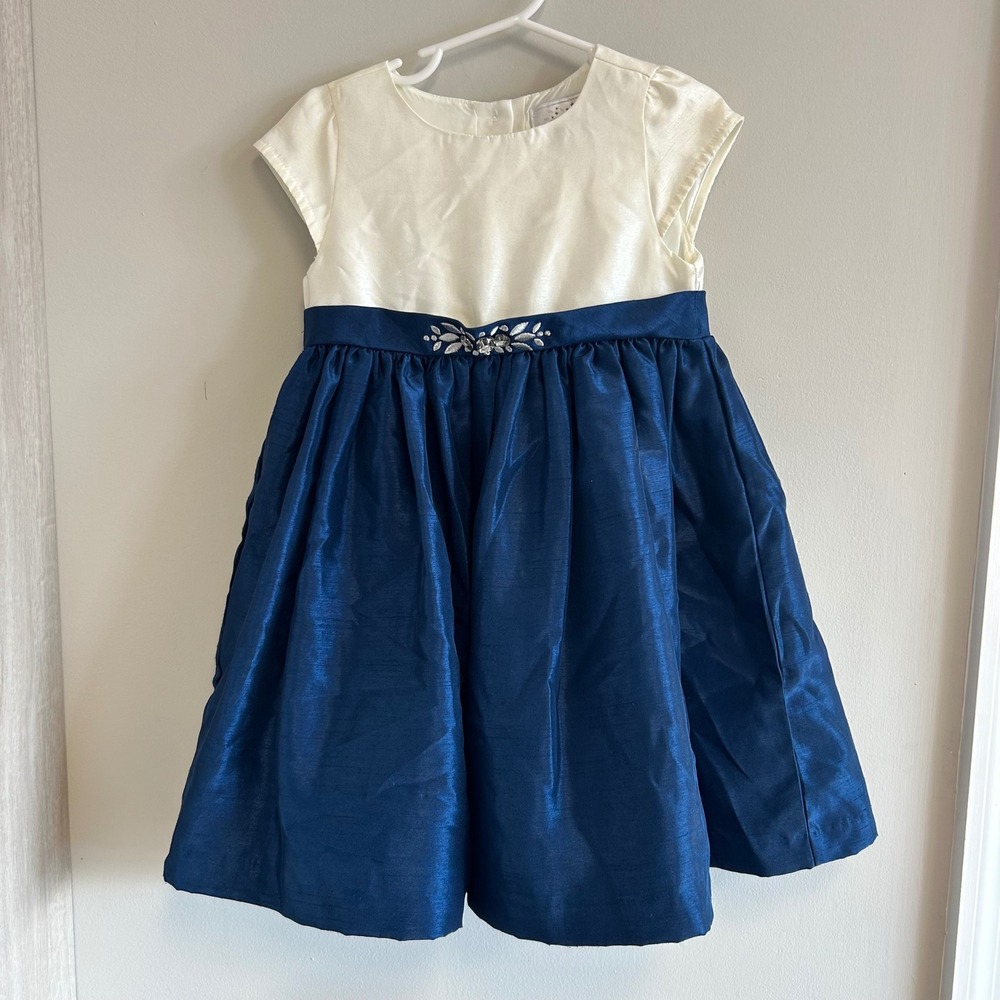 Gymboree Girls Cream & Navy Blue Rhinestone‎ Bow Dress 3T Special Occasion Party